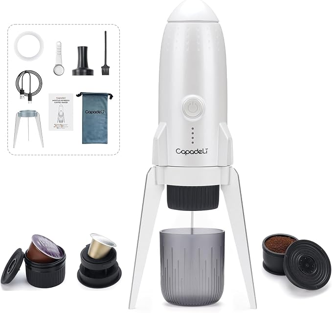 RECAFIMIL Portable Electric Espresso Machine, 3-in-1 Self-Heating Coffee Maker for Travel & Camping, 19 Bar Pressure, Compatible with Ground Coffee & NE-SPRESSO/Do-lce Guto Pods, Bright White