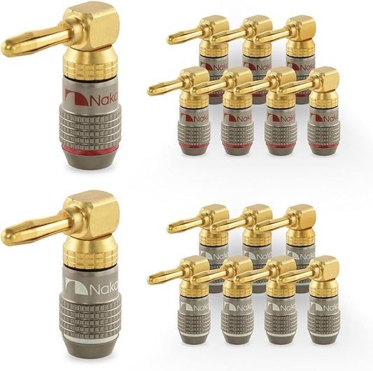 Nakamichi FanLock Excel Series 24k Gold Plated Right-Angle 90 Degree Banana Plug 10 AWG - 18 AWG Gauge Size 4mm for Speakers Amplifier Hi-Fi Home Theatre Wire Cable Quick Connector, 16 Pcs (8-Pairs)