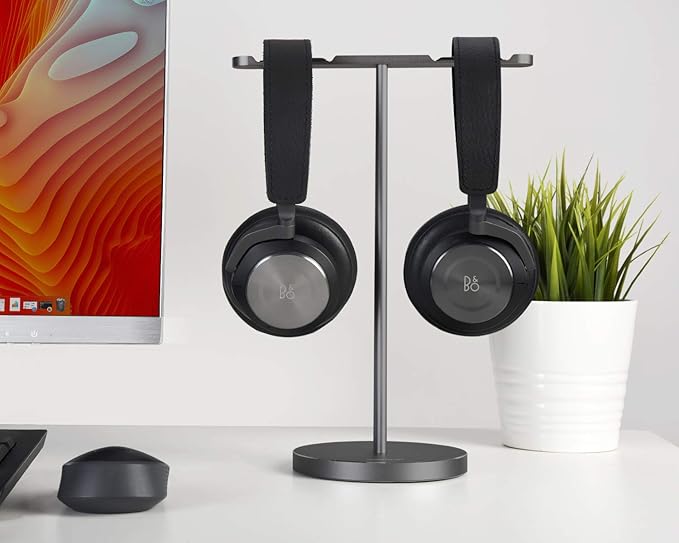 JOKItech Double Headphones Stand, Aluminum Alloy Desk 3 Headsets Holder Supporting Desktop Earphone Hanger Mount Storage Rack with Heavy Base for Home and Office Display Spacegrey