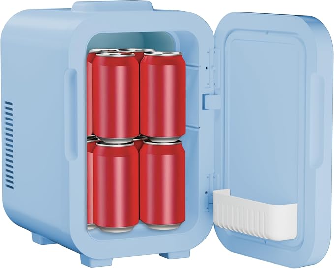 ELLE 8L Mini Cooler Fridge with LED Makeup Mirror for Skincare & Cosmetic Storage Cooler & Warmer Removable Shelf Carrying Handle AC DC Power Options Small Refrigerator for Bedroom Car Office Blue