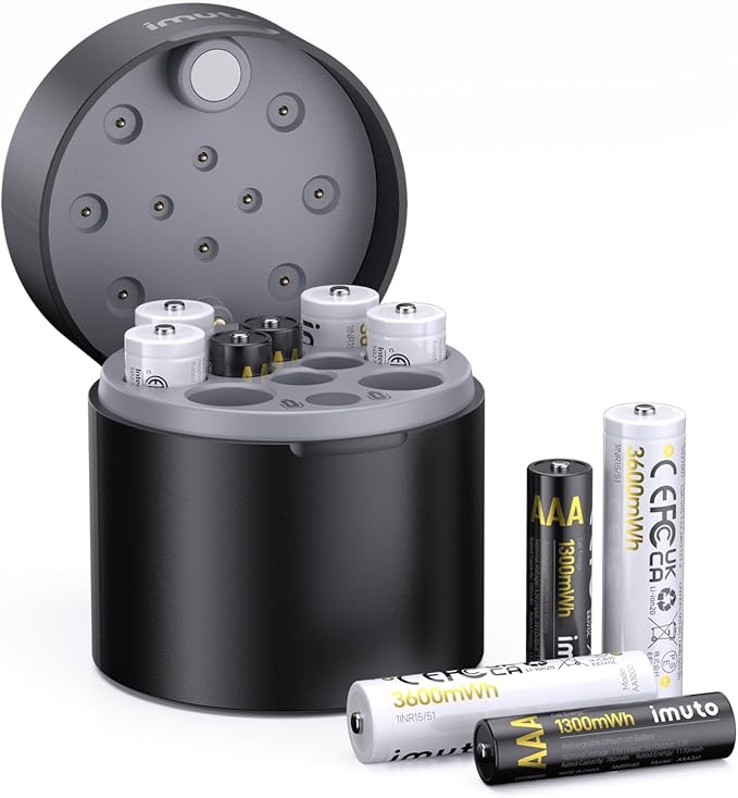imuto Rechargeable AA and AAA Batteries with Charger, 6 Pack 3600mWh AA and 4 Pack 1300mWh AAA Li-ion Batteries 2500 Cycles, Smart Charger Compatible with Rechargeable Lithium and NiMH Battery