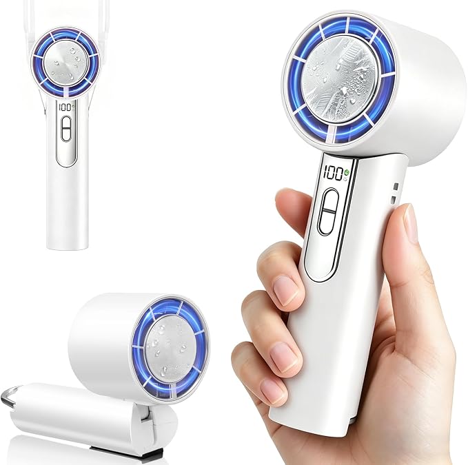 Portable Handheld Fan with Ice Cooling, 1-100 Speeds Fan with LED Display, 12m/s Wind Speed, Portable Fan for Travel, Outdoor, Camping, Hiking (White)