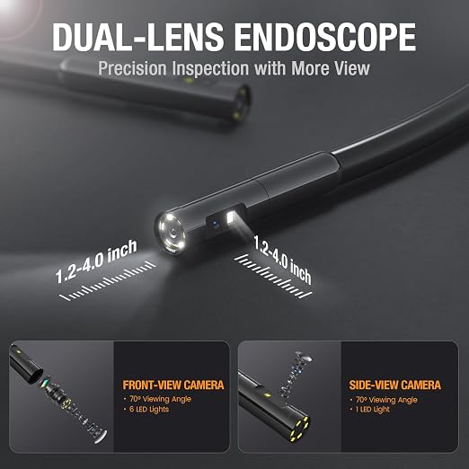 50ft Dual Lens Endoscope Camera with Light, Teslong 4.5" HD Snake Borescope Inspection Camera, Home Waterproof Fiber Optic Scope with Flexible Cable