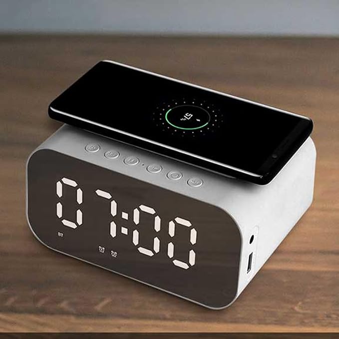 Multifunctional Wireless Charging Station with Bluetooth Speaker,Digital Alarm Clock,FM Radio,HD Display & Smart Noise-Cancelling Mic–Adjustable Brightness,Charge While Listening,BT510 White.
