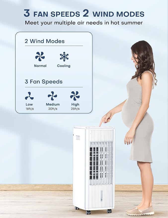 BALKO 3-IN-1 Windowless Air Conditioner w/Double Tanks, Smart Timer, 3 Ice Packs, 60W Evaporative Air Cooler, 70° Oscillation, 3-Speed 25-INCH Swamp Cooler Air Conditioner Portable for Room