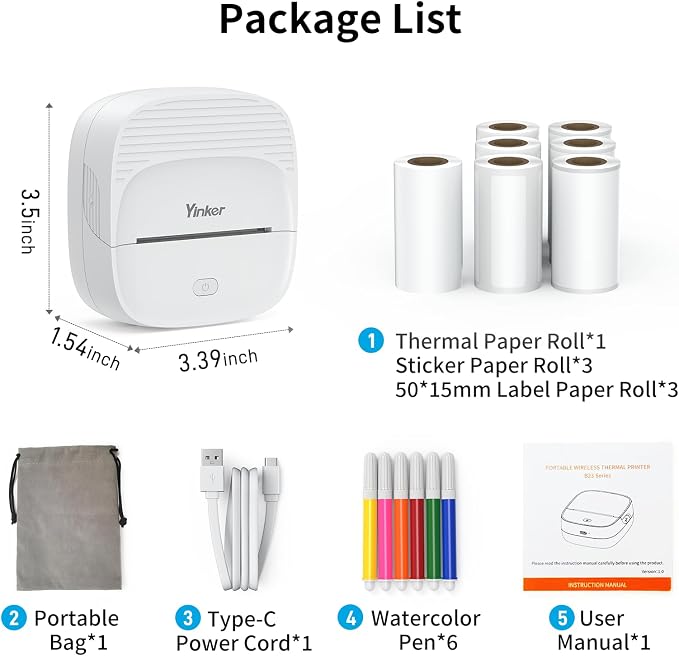 Mini Thermal Sticker & Label Maker | 7 Rolls Paper (3 Sticker + 3 Label) & 6 Colored Pencils | Printpod Inkless Bluetooth Printer, Smart AI APP, iOS Android Compatible, Photo/Journal/DIY/Study/Gift