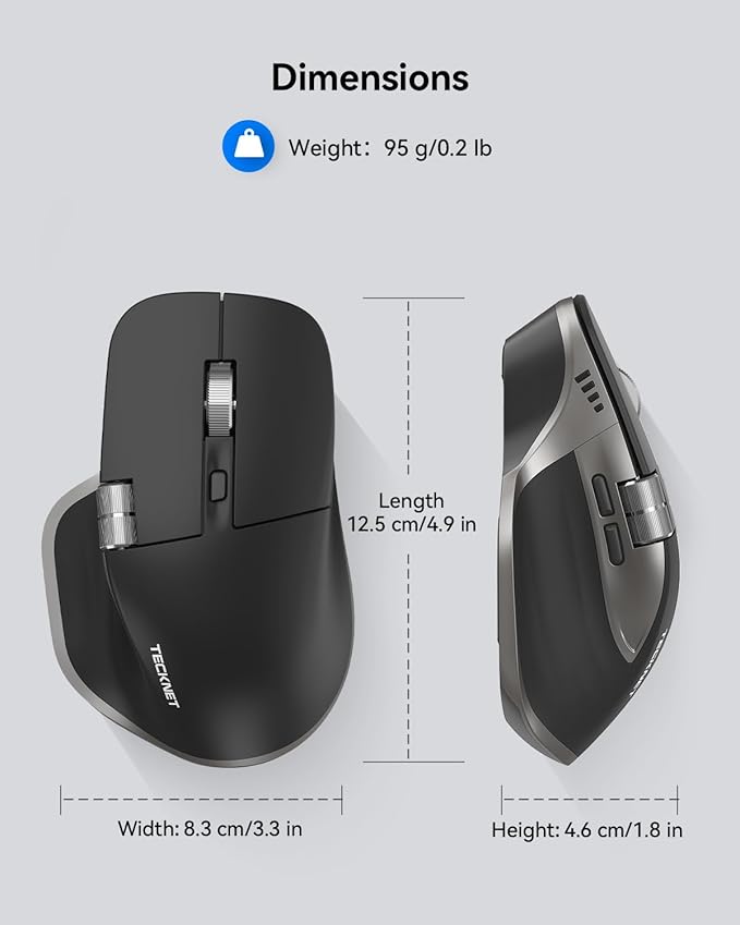 TECKNET Wireless Mouse, Bluetooth Mouse (BT5.3/5.0 & 2.4G) Rechargeable Ergonomic Optical Mouse with 6 Adjustable DPI, Side Scroll, Quiet Clicks, USB A Receiver, 7 Buttons, Wide Compatibility - Grey