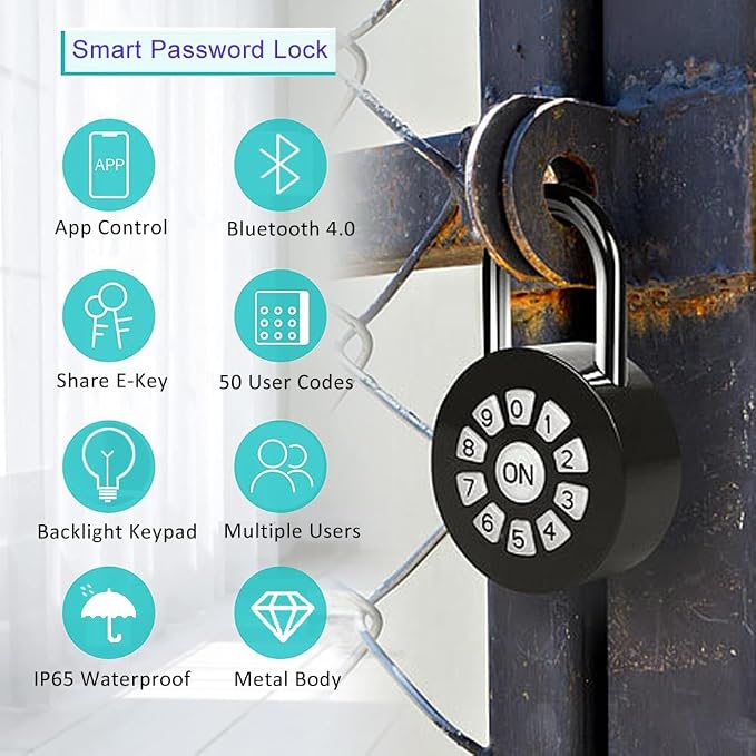 Smart Padlock, Password Lock with APP Control(iOS/Android), Access via Bluetooth & Pin Codes,Suitable for Gym, Locker, Gates, Fence and Storage (Black)