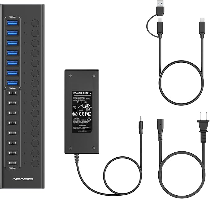 Powered USB 3.2 Hub, ACASIS 16 Ports USB 3.2 Hub(8 USB-A 3.2 Ports+8 USB-C 3.2 Ports), Aluminum USB Hub Powered with 96W Power Adapter, USB Hub for PC/Laptop, Computer, Flash Drive, Printer, Camera