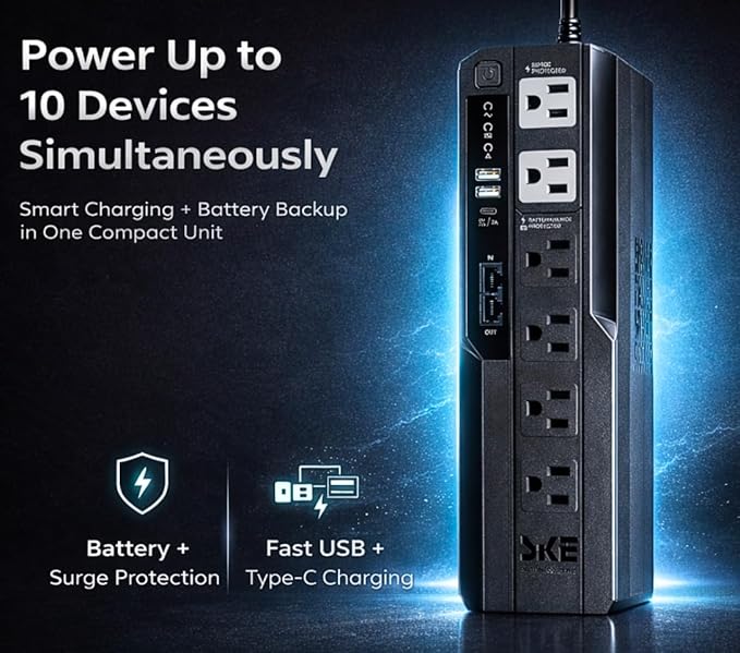 SKE VL625 625VA/360W UPS Battery Backup and Surge Protector - Uninterruptible Power Supply with AVR, 7 Outlets, USB and Type-C Charging, RJ45 Port for Computer, Router, Modem, and Home Office Devices