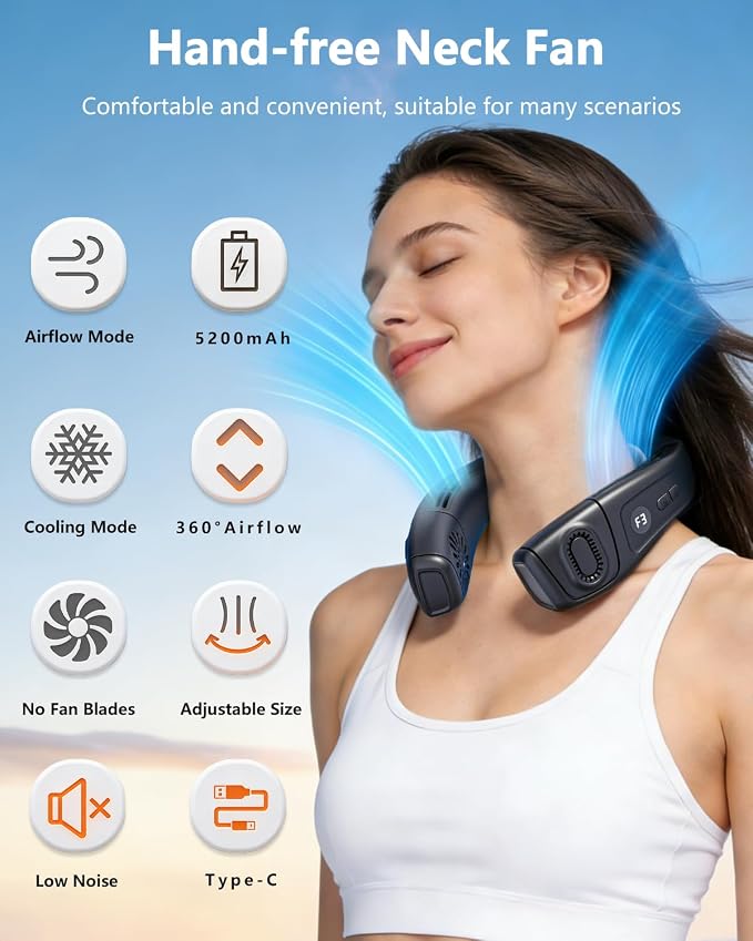 Neck Fan 5200mAh Portable Neck Air Conditioner with Cooling Plate | Features 6 adjustable levels and 360° airflow. Fast cooling rechargeable wearable personal fan for men and women.