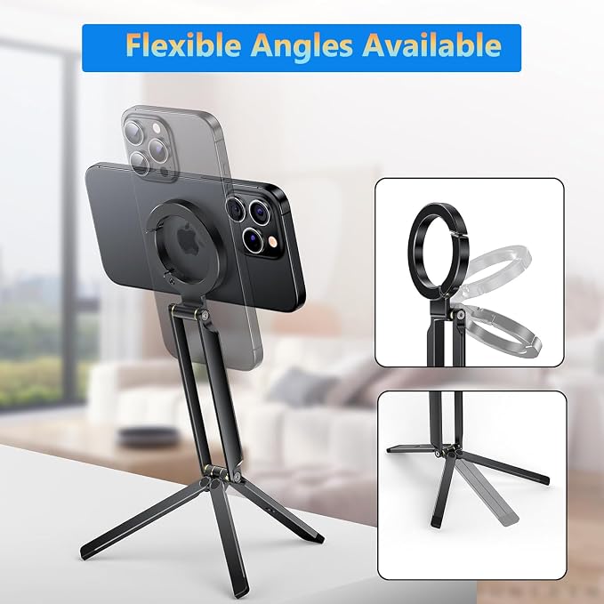 MagSafe Laptop Side Phone Mount & Mini Magnetic Phone Tripod Bundle, Adjustable Magnetic Phone Holder for iPhone 12–17 & Tesla Car Desktop Use