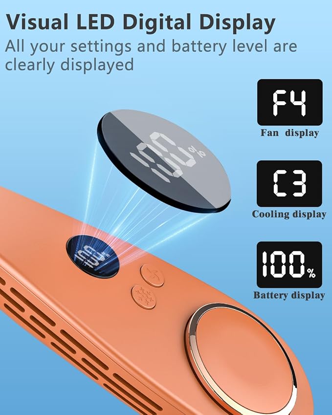 Neck Air Conditioner with Cooling Plate, USB-C recharable & LED Display, Silent Wearable Personal AC Unit, Bladeless Headphone Fan for Hot Flash Relief for Women Men Adults Outside Indoor, Orange