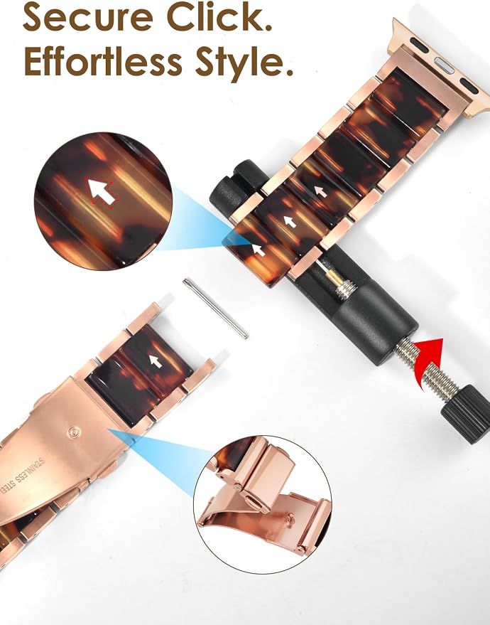 V.R.HOPE Apple Watch Band for Women 38mm 40mm 41mm 42mm Fashion Rose Gold Stainless Steel Metal Strap with Resin Inlay, Fashion Bracelet Compatible with iWatch Series 11/10/9/8/7/6/5/4/3/2/1/SE (Tortoise+Rose Gold)