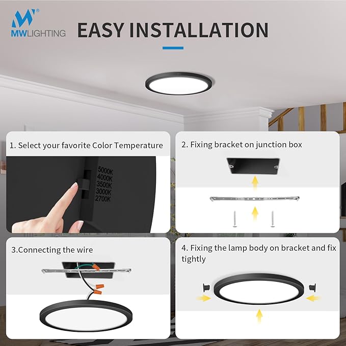 mw 4 Pack LED Flush Mount Ceiling Light, 12 Inch Round Black Ceiling Light, 25W 120V 5CCT, Dimmable, Close to Ceiling Light Fixtures for Bedroom, Kitchen, Hallway, Laundry
