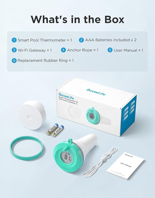 GoveeLife Smart Wireless Pool Thermometer P2, with App Easy Read, Cyan | Digital Pool Thermometer Floating, Upgraded IP68 Waterproof, 1082ft Range, APP/Buzzer/Email Alarm, for Swimming Pool/SPA/Pond
