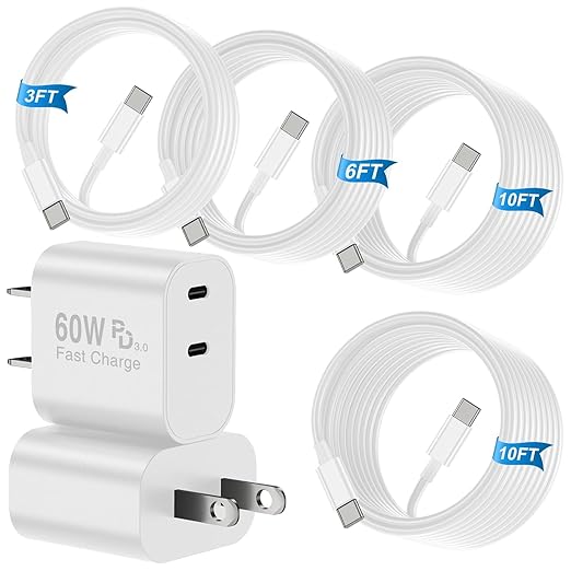 iPhone 17 Charger Fast Charging, 2Pack PD 3.0 USB C Dual Port Charger Block (60W total output) with 4Pack 60W [3FT+6FT+10FT+10FT] USB C Cable for Galaxy S26/S25,for iPhone 17/16/15,for iPad and More