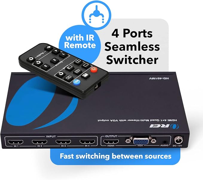 Quad Multi Viewer 4 in 1 Out by OREI HDMI Switcher 4 Ports Seamless Switcher and IR Remote Support 1080P for PS4/PC/DVD/Security Camera, HDMI Switch VGA Output - HD-401MV