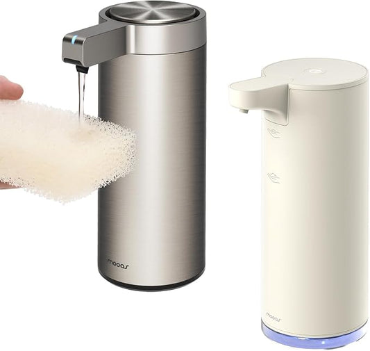 Mooas Automatic Soap Dispenser Bundle - Foaming (Ivory) & Liquid Metal Touchless Automatic Soap Dispensers, Stainless Steel, Rechargeable, Adjustable Levels, IPX5 Waterproof for Bathroom & Kitchen