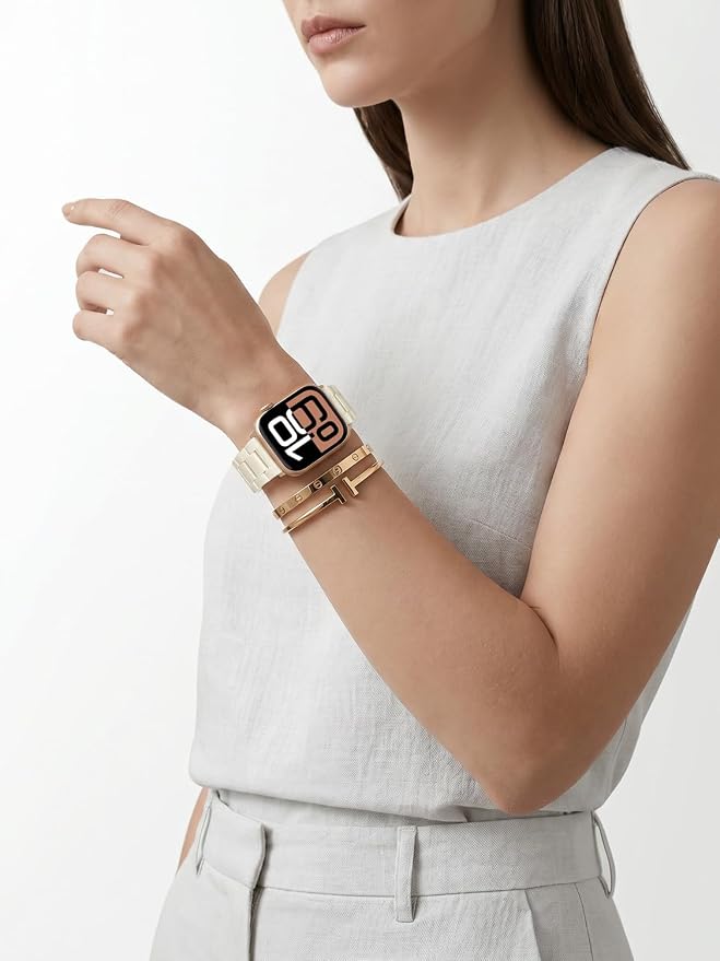 V-MORO Resin Bands Compatible with Apple Watch Series 11/10/9/8/7 45/46mm Rose Gold Buckle Lightweight Jewelry Fashion Strap Bracelet for iwatch Series SE/6/5/4/3/2/1(Buttercream,42/44/45/46/49mm)