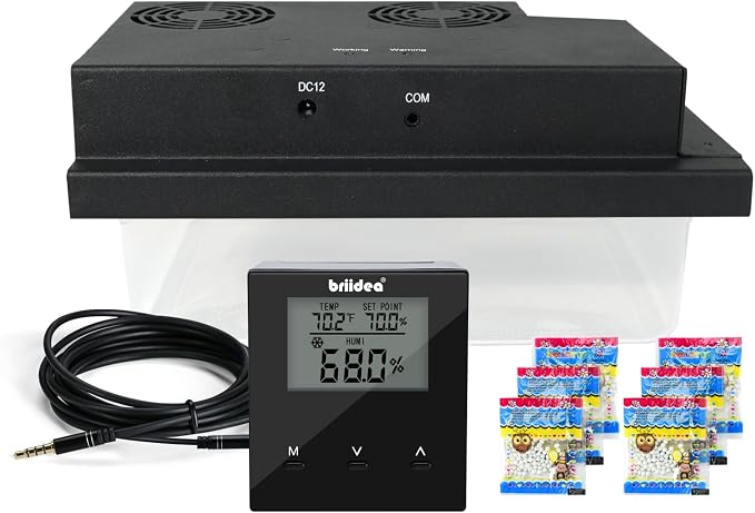 Briidea Electric Humidifier for 10–16 Cu. Ft. Cabinets, Adjustable 30%–80% RH, Accurate Temperature & Humidity Control, 12V Power Supply