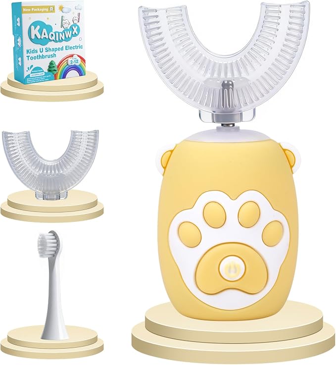 Kids U Shaped Electric Toothbrush for Age 2-12, Rechargeable Toddler Toothbrush with Smart Timer & 3 Clean Modes, Cat's Claw Design, IPX7 Waterproof, 3 Brush Heads & 360°Cleaning