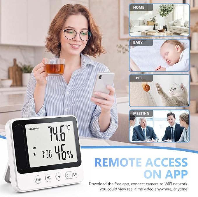 MINI-Hidden-WIFI -Wireless-Secruity-Camera,4K Real FULL HD Nanny Cam With Hygrometer Thermometer Clock,Night Vision&Motion Detection Alerts.Mobile Phone APP Control,Support 2.4G &5G For Home Office