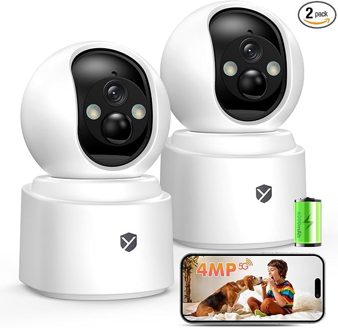 Battery Powered Indoor Camera Wireless 2 Pack, PTZ Pet Camera with 6000mAh Rechargeable, Dual-Band WiFi, 2.5K Color Night Vision, SD/Cloud Storage, 2-Way Audio, APP Remote, Cat/Dog/Home Monitoring