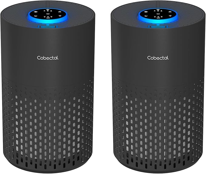 2 Pack Air Purifiers for Bedroom Home, Cobectal Air Cleaner with HEPA 3-in-1 Filter for Room up to 1050 ft², Sleep Mode & Aroma Function, Portable Air Purifiers for Office, Dorm, RVs, Black