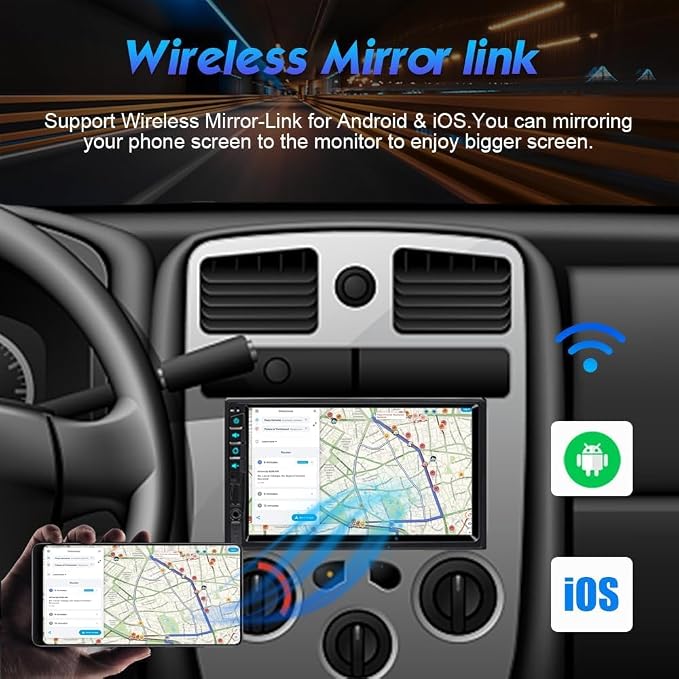 7 inch Double Din Car Stereo for Wireless Carplay & Android Auto with Voice Control,Bluetooth5.2 MirrorLink, Car Radio with Backup Camera,Touch Screen SWC/USB/SD AM/FM/AUX