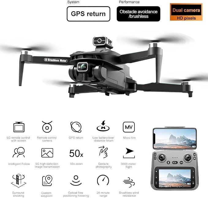 GPS Drone with 4K Camera, 4.5" LCD Display Screen Controller- 3,280ft RC Range, Auto return, Follow Me, Go Home, Gesture Control, One Key Takeoff/Landing, Altitude Hold,led Light, Professional Quadcopter for Aerial Photography Control and Video Recordi...