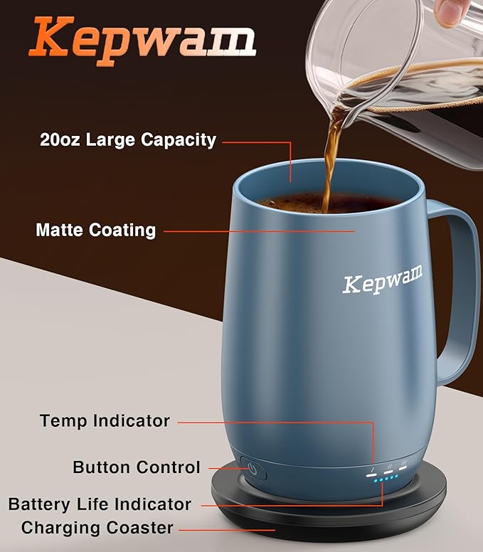 Kepwam Smart Heated Coffee Mug T2-Plus, 20oz Rechargeable Self Heating Coffee Mug with 8-Hour Battery & Temp Control, Perfect Coffee Warmer Gift for Men Women