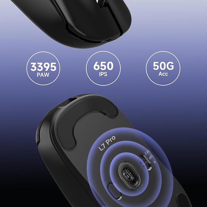 MCHOSE L7 Pro Wireless Gaming Mouse Super Light 39g, Gaming Mouse Esport with 26K DPI, Optical Switch, Programmable Buttons, Dual 8K Polling and PAW3395 Sensor, Tri-Mode Connection, PC/Mac - Black