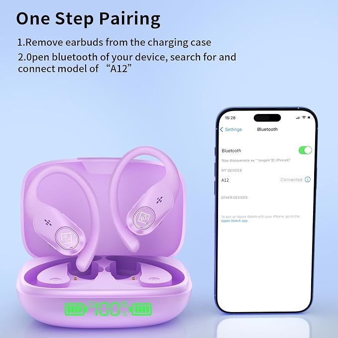 Wireless Earbuds Bluetooth Headphones 96H Playtime LED Display Waterproof Built in Mic Deep Bass Sound Secure Over Ear buds Earhooks for iPhone Android Samsung Cell Phones Sport Workout Gaming Running