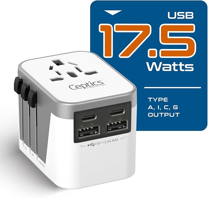 Ceptics Universal Travel Adapter for EU, UK, China, UAE, AU – International Power Adapter with Dual USB-C & USB-A – Ideal for Phone, Tablet & Smartwatch Chargers - Type A, C, G, I Plug Outputs