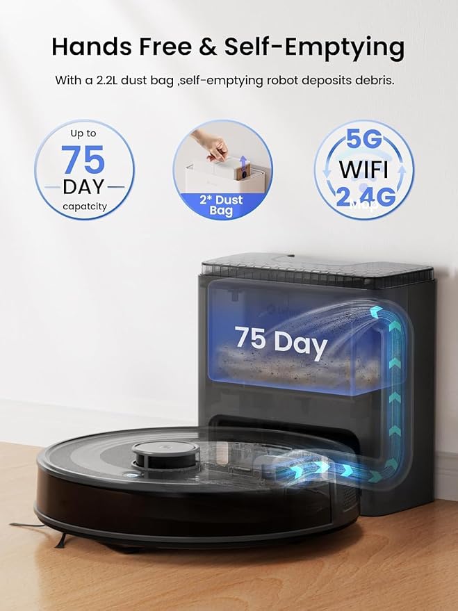 Lefant Robot Vacuum and Mop Combo,75-Days Self-Emptying,6000Pa Powerful Scution,Multi-Floor Mapping, No-Go Zones,140 Min Runtime,2.4G/5G WiFi/Alexa/APP/iWatch, M2 Plus Black