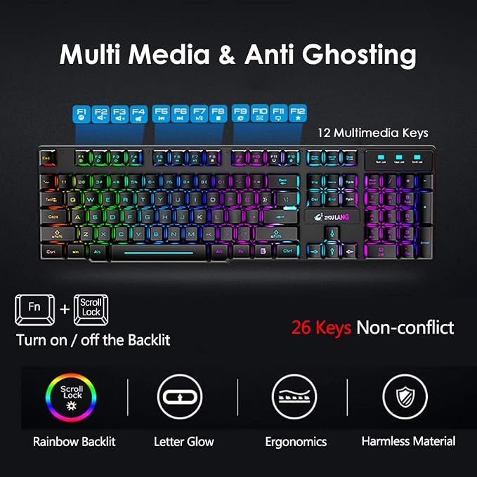 Wireless Gaming Keyboard and Mouse Combo Rechargeable 4000mAh Battery Rainbow Backlit Quiet Ergonomic Mechanical Feeling Anti-Ghosting 2400 DPI Mouse and Mousepad 3 in 1 Set for PC Laptop Mac