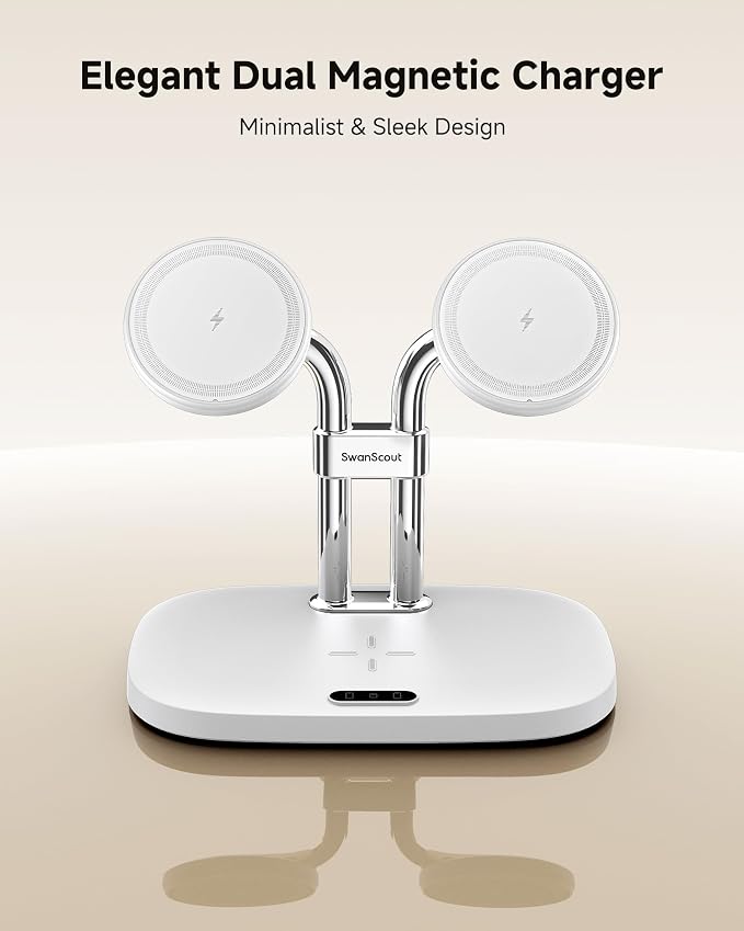 SwanScout Wireless Charger for iPhone Air/17, SwanScout 706M, Dual Magnetic Charger for iPhone 16/15/14/13/12 Series, Charging Station for AirPods Pro 3/2, AirPods 4/3rd (White)