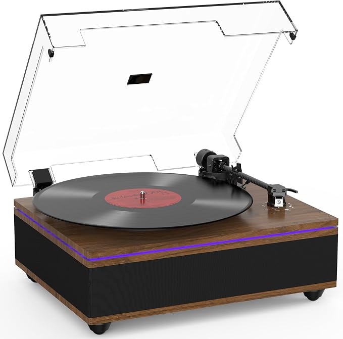 Record Player Turntables for Vinyl Records with Built in Speakers Belt Drive 2-Speed Turntables with Magnetic Cartridge AT-3600L, Support RCA Output, Walnut Brown