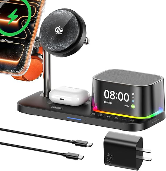 QI2.2 Charging Station for Apple Device【 25W Fast Charging+Cooling Fan】 5in1 Magnetic Wireless Charger with Speaker and Alarm Compatible with iPhone/Watch/AirPod (45W Adapters Included) Black