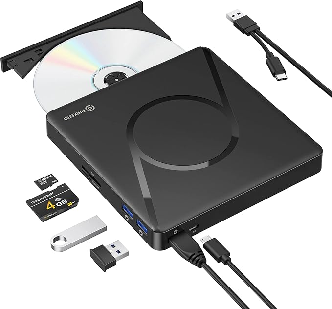 PHIXERO External DVD Drive for Laptop, USB 3.0 Type-C CD/DVD +/-RW ROM Burner DVD Player with 2 USB A Ports and SD/TF Card Slot for Laptop or Desktop PC Windows XP/7/8/10, MacBook, Linux