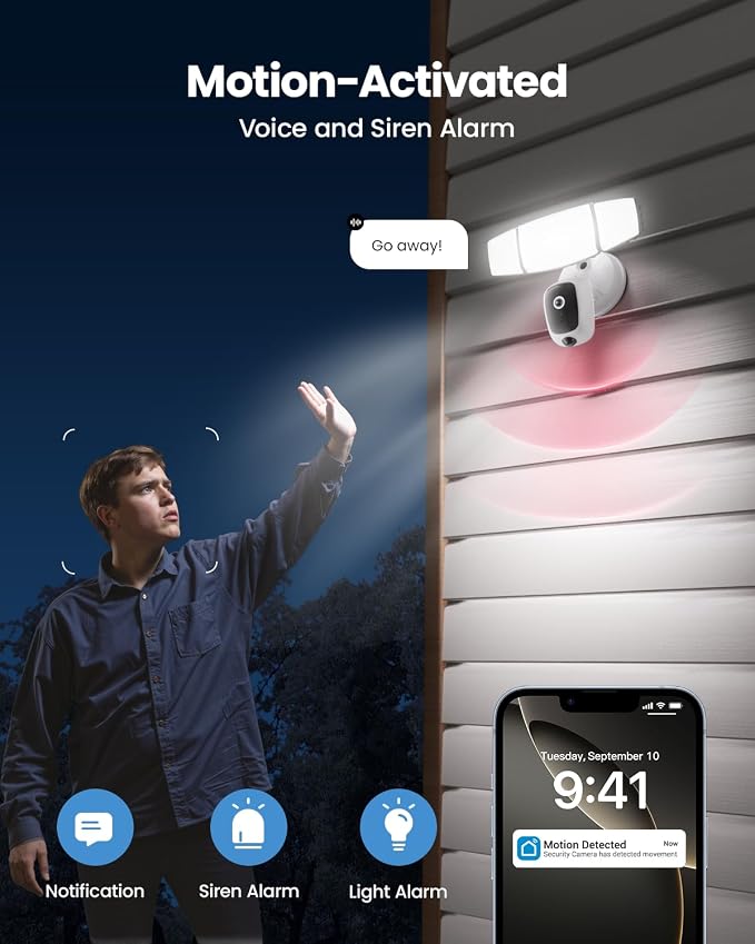Olafus Floodlight Camera Outdoor – 2K QHD Security Cam with Motion-Activated Flood Lights, Custom Detection Zones, Color Night Vision, 2-Way Talk & 55W Dimmable Lighting White Cream