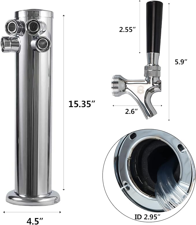 LUCKEG Four Tap Beer Dispenser Tower Brand 3 inch Beer Kegerator Beer Tower with 4 Beer Faucet for Home Brewing Beer Kegging