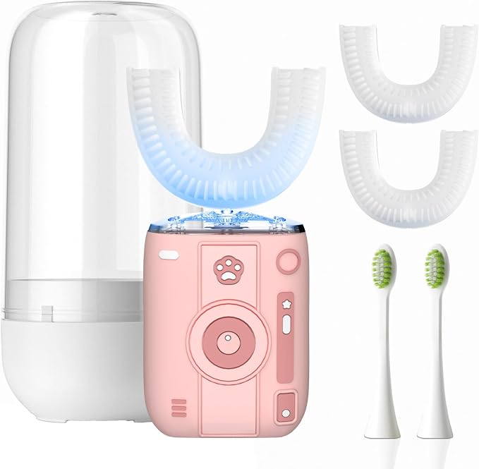 Adult Ultrasonic Electric Toothbrush, 360° Oral Cleaning for Stain & Whitening, IPX7 Waterproof Rechargeable, U-Shape Brush Head×3 + Straight Handle Brush Head×2 + Storage Cup