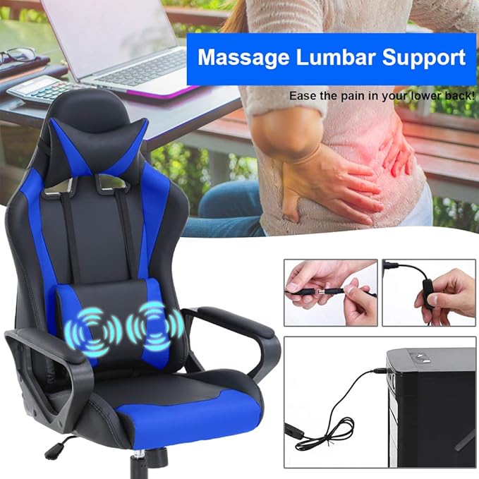 BestOffice PC Gaming Chair Massage Office Chair Adjustable Desk Chair High Back PU Leather Executive Rolling Racing Computer Chair with Lumbar Support Headrest Armrest Swivel Task Chair(Blue)