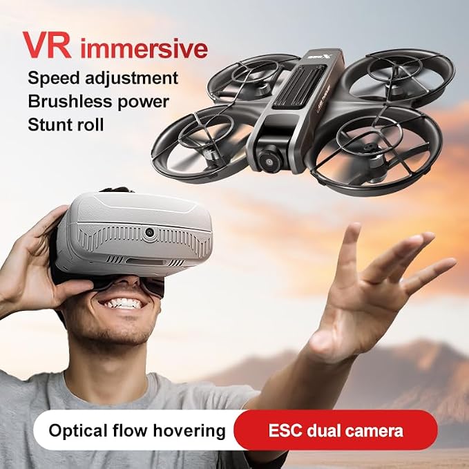 VR FPV Hobby Drone with VR Goggles, Optical Flow Positioning, Dual Batteries, One Key Takeoff/Landing, APP Control, Brushless Motor, Beginner-Friendly Quadcopter with Propeller Guards, Altitude Hold, Dual Cameras & LED Night Lights, a first-person view