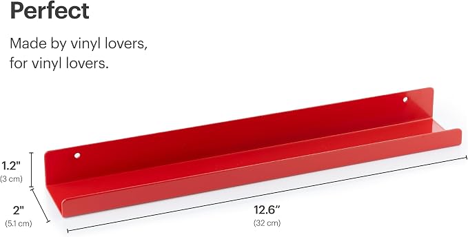 Vinyl Record Shelf - 3 Metal Display Shelves - Wall Mount Now-Playing Vinyl Shelves - an Album Record Holder That Doubles as a Picture Ledge - Fits All Records (Red)