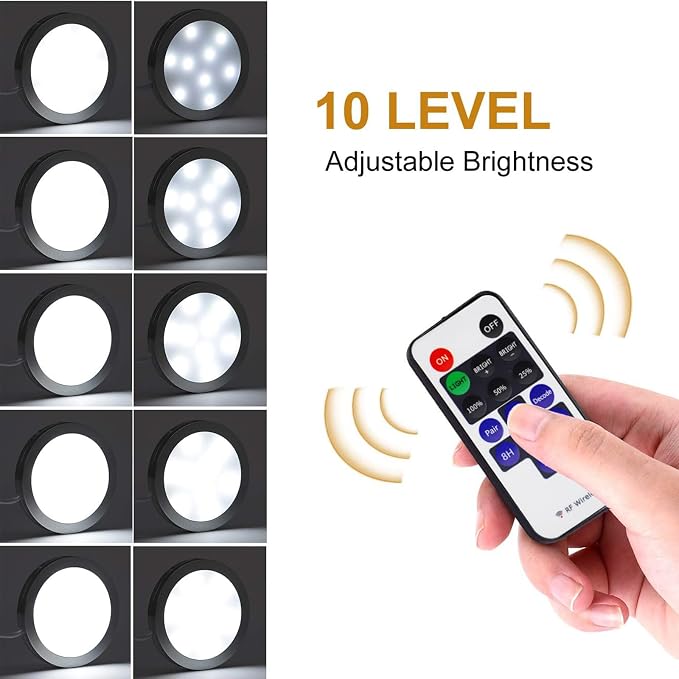 AIBOO Linkable Under Cabinet LED Lighting 12V Dimmable Puck Lights Hardwired with Wireless RF Remote Control for Kitchen Mood Lighting(8 Lights, Daylight White, NO Wall Plug)