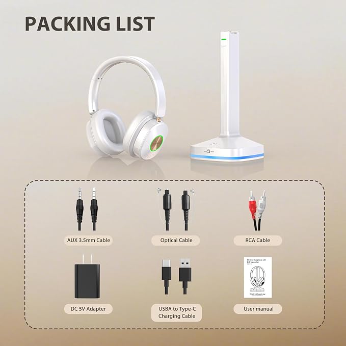 Earbay Wireless Headphones for TV Watching, TV Headset Wireless for Seniors with Transmitter Charging Dock, Bluetooth V5.4 Over Ear TV Headphones &No Audio Delay, Gift for Elderly/Parents