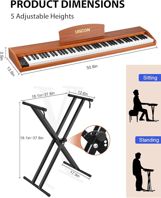 UISCOM 88 Key Digital Piano Keyboard for Beginners - Full Size Semi Weighted Wooden Electric Piano Set with Stand, Triple Pedal, Headphone,Carry Bag - Supports USB-MIDI Connecting (Wood Grain Brown)